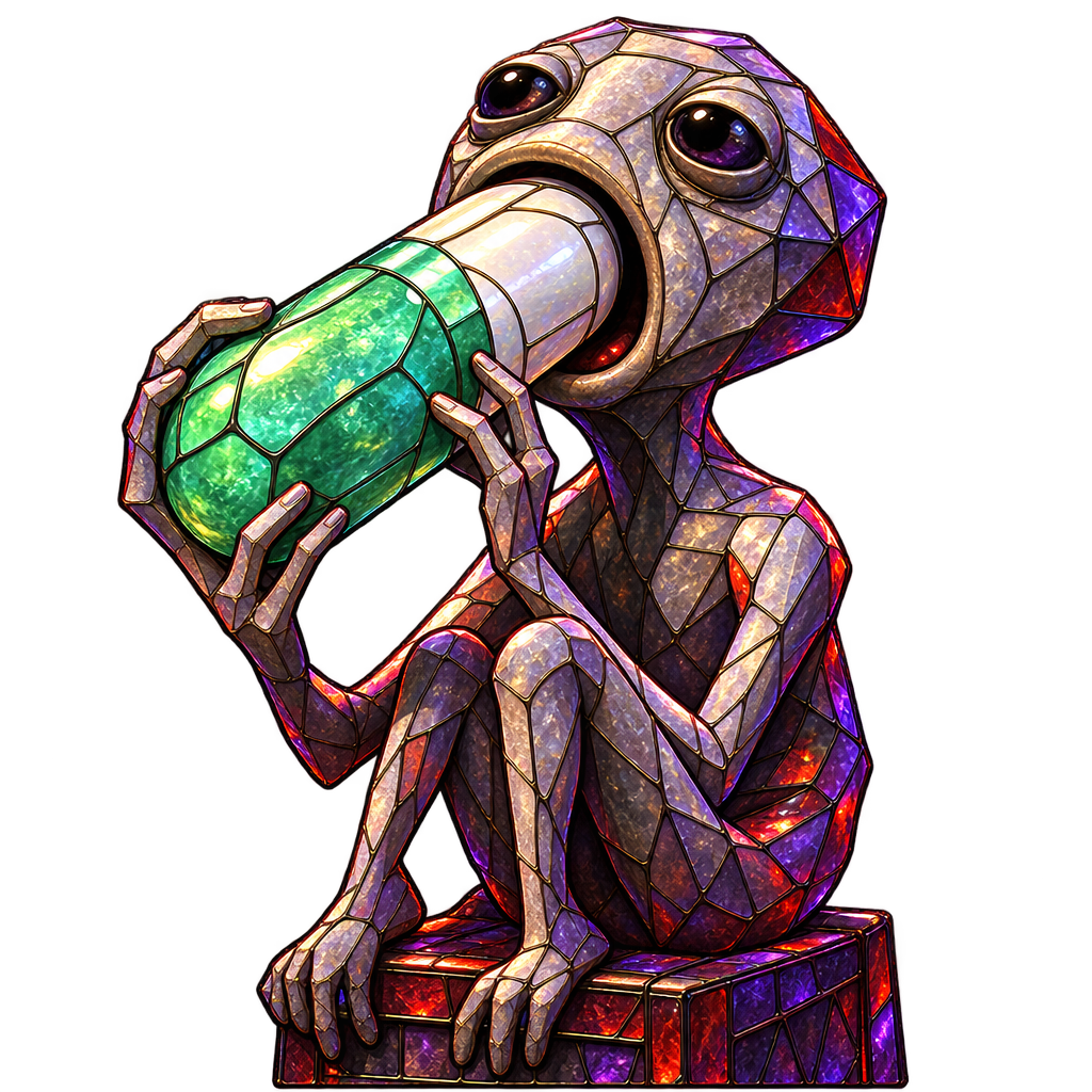Cutout illustration of the subject gripping the unlabeled capsule with both hands, mid-drink.