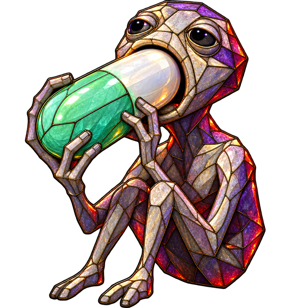 A second cutout of the subject drinking the capsule, shadow elongated behind him.